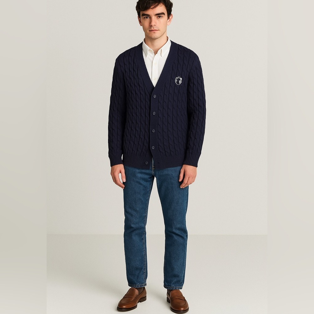 Team Liquid Cable Knit Navy Blue Wool Blend Heritage Cardigan Men’s XXL Academia